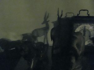 wooden animals shadowed with clock